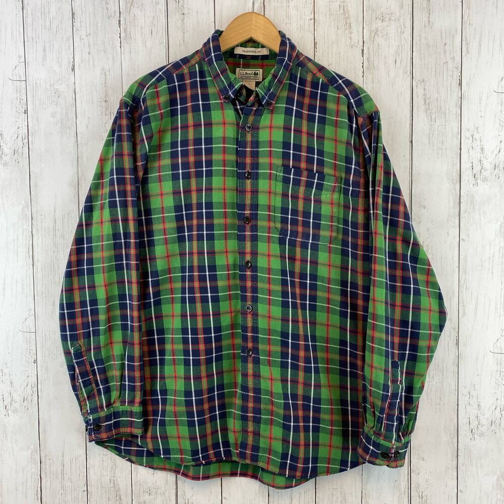 LL. Bean Green Scotch Plaid Traditional Fit Flannel Button Down Size Large